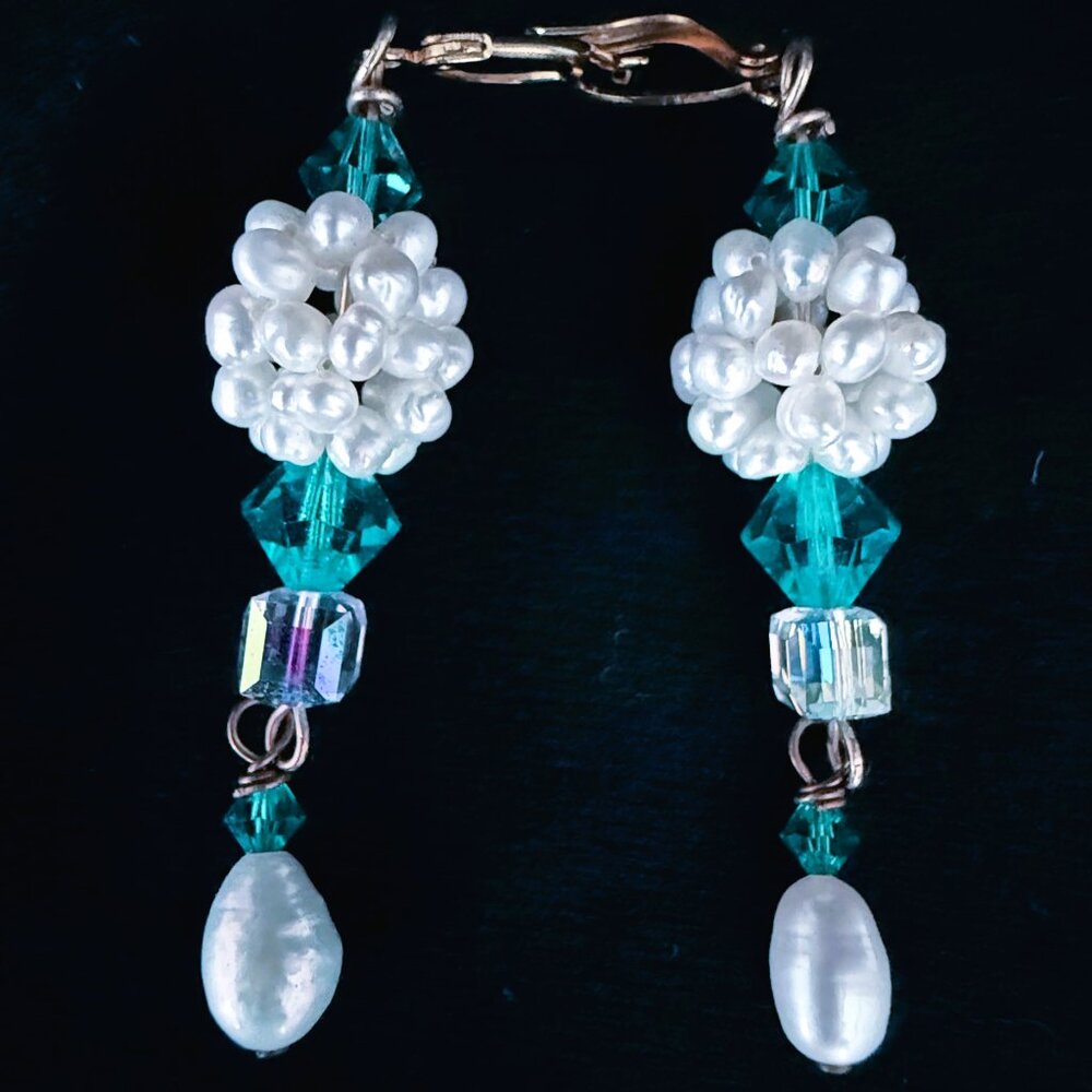 Artisan Earrings Freshwater White Pearls Turquoise Crystal Dangle 2"